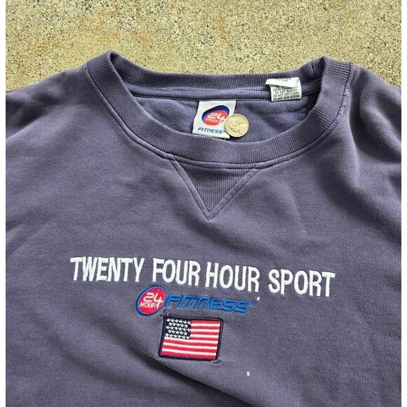 Vtg Y2k 24 Hour Fitness Embroidered Logo Crewneck Sweatshirt Blue Large Sunfade - Picture 3 of 6